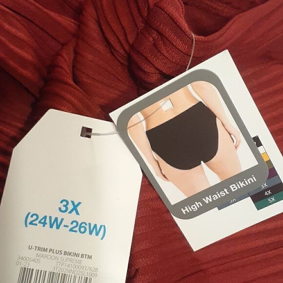 New High Waist U-Trim Plus Bikini Bottom Maroon Supreme 3X Women's - Picture 5 of 5